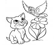 Coloriage chat oiseau fleur