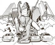Coloriage spiderman dans la ville et dessin à colorier