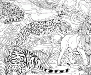 Coloriage guepard tigre et lion dans la jungle