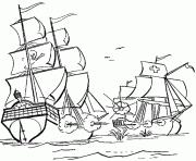 Coloriage le bateau pirate attaque un navire de marchandises