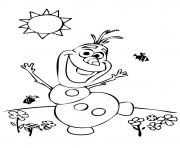Coloriage Olaf au soleil avec des fleurs et abeilles