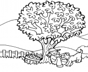 Coloriage nature arbre de pommes avec chien