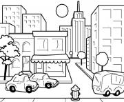 Coloriage centre ville dessin enfants avec taxi