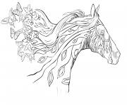 Coloriage adulte cheval au galot avec papillons dans les airs