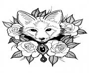 Coloriage renard et roses style tatouage