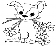 Coloriage jeune chien chiot avec des fleurs