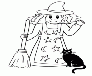 Coloriage sorciere simple avec son chat noir