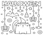 Coloriage joyeuse halloween avec chat citrouille et decorations