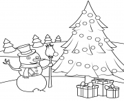 Coloriage bonhomme de neige avec un sapin et des cadeaux de noel