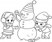 Coloriage les enfants construisent un bonhomme de neige
