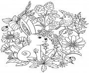 Coloriage lapin et oiseaux vegetation par Lesya Adamchuk