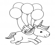 Coloriage une licorne vol avec des ballons dans les airs