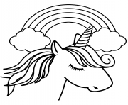 Coloriage licorne blanche avec une corne unique devant un arc en ciel