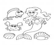 Coloriage sirene et ses amis marins poisson et crabe