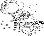 Coloriage tigrou et winnie dans les airs avec les ballons et un pot de miel