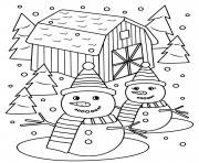 Coloriage bonhomme de neige et madame neige entoure de sapins