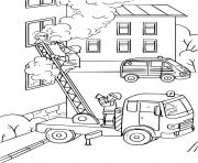 Coloriage un pompier grimpe sur une echelle du camion pour sauver une fille prit dans une maison en feu