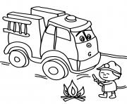 Coloriage camion de pompier avec un enfant de la maternelle qui eteint le feu