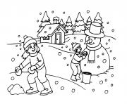 Coloriage enfants maison sous la neige en hiver