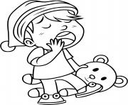 Coloriage un enfant baille avec son nounours dans la main pret pour le sommeil