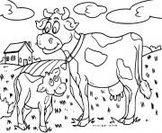 Coloriage vache veau sur une ferme