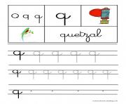 Coloriage lettre Q pour Quetzal ecriture cursive gs