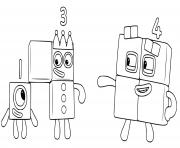 Coloriage numberblocks 1 3 4 one two four
