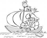 Coloriage un pirate seul sur son petit bateau et son tresor