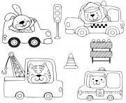 Coloriage animaux conduisant vehicules taxi moto ambulance construction