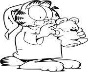 Coloriage Garfield en pyjama avec son ours en peluche