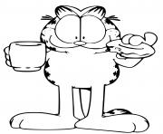 Coloriage Garfield boit un cafe et un beigne