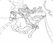 Coloriage equipe de princesse avec cheval et barbie font une course