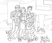Coloriage barbie et sa famille enfants et chiens