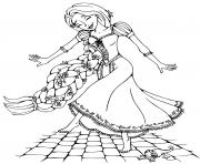 Coloriage raiponce danse pied nu avec ses 70 pieds de cheveux