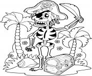 Coloriage squelette pirate sur une ile avec un tresor