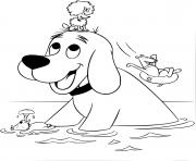Coloriage clifford et ses amis chiens se baignent au lac