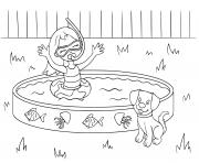 Coloriage petite fille nage dans sa piscine avec son chiot