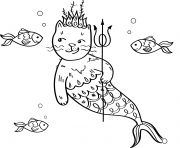 Coloriage sirene mermaid chat le roi avec des poissons