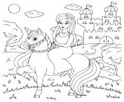 Coloriage princess sur sa licorne devant son chateau