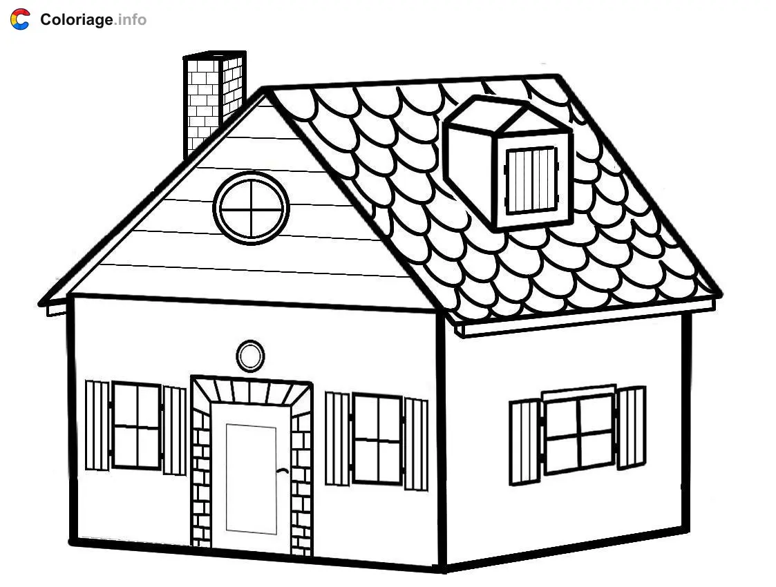 Coloriage Charmante maison avec fenêtres et cheminée - Maison à imprimer