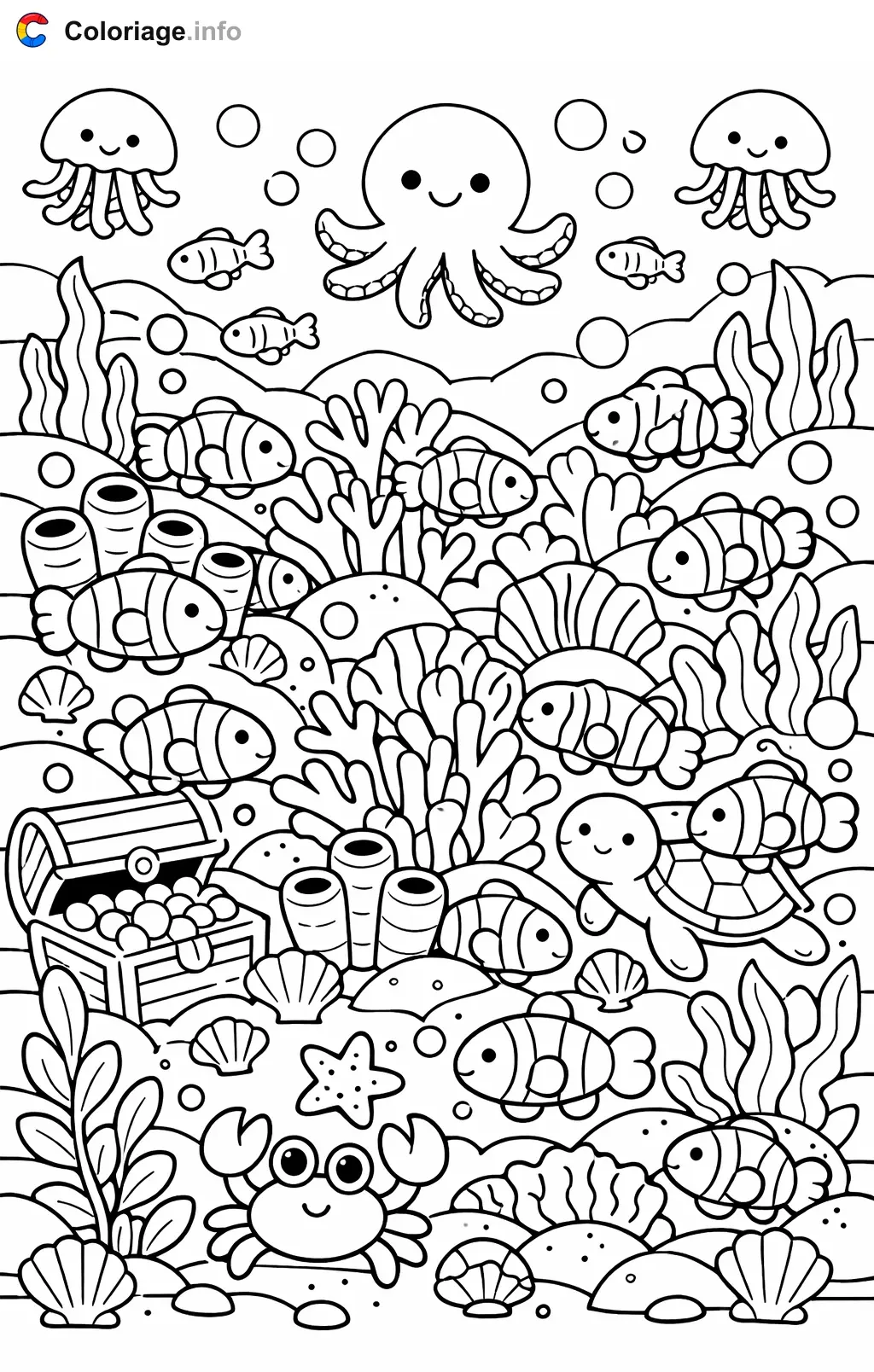 Coloriage Chercher et trouve ocean aux poissons caches - Chercher et trouve à imprimer