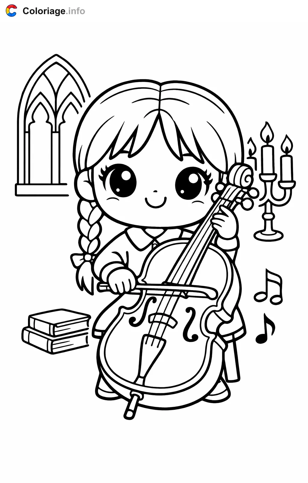 Coloriage Mercredi Addams qui joue du violoncelle - Mercredi Addams à imprimer