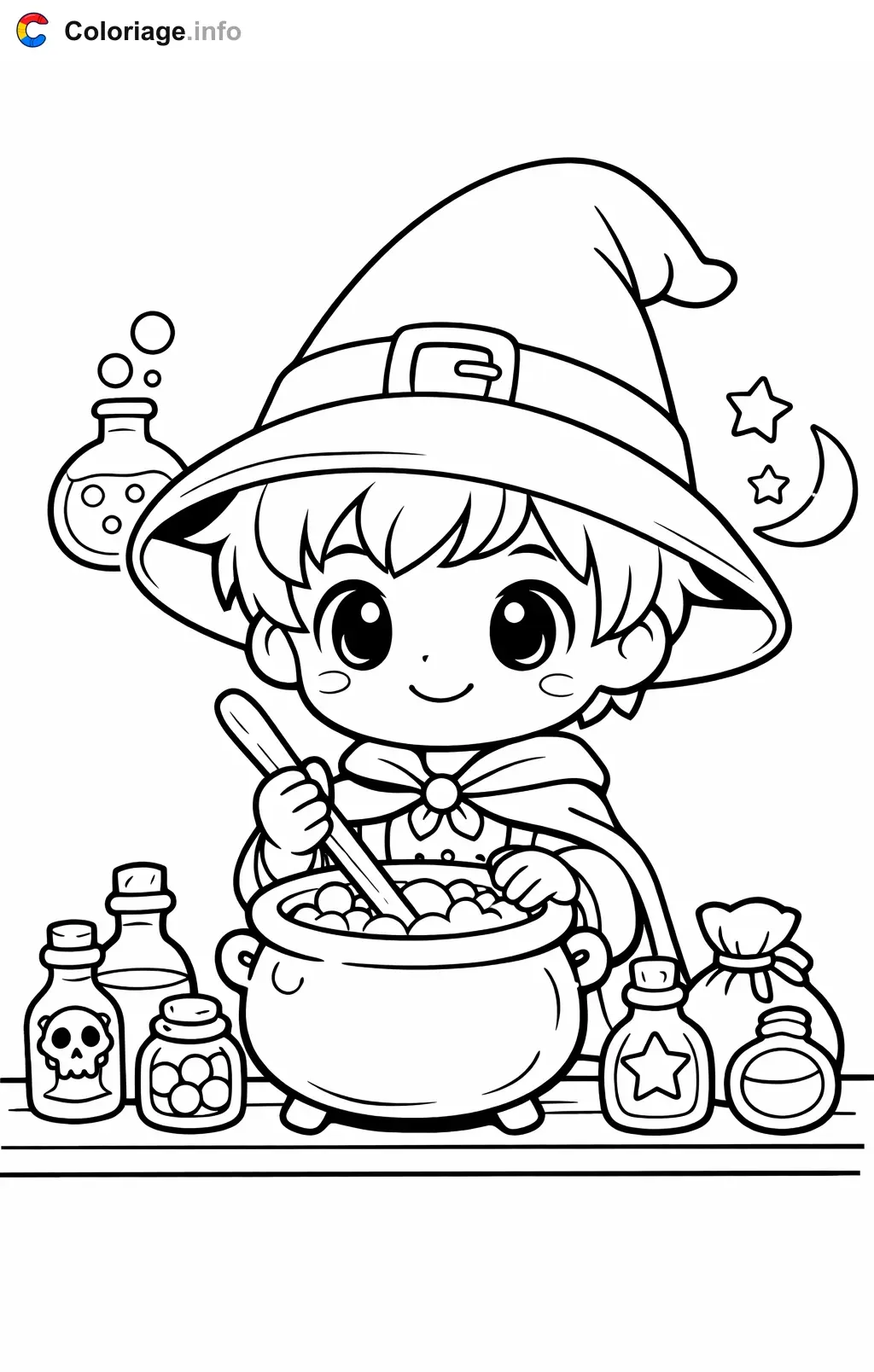 Coloriage Sorcière qui mélange ses ingrédients - Sorcière à imprimer
