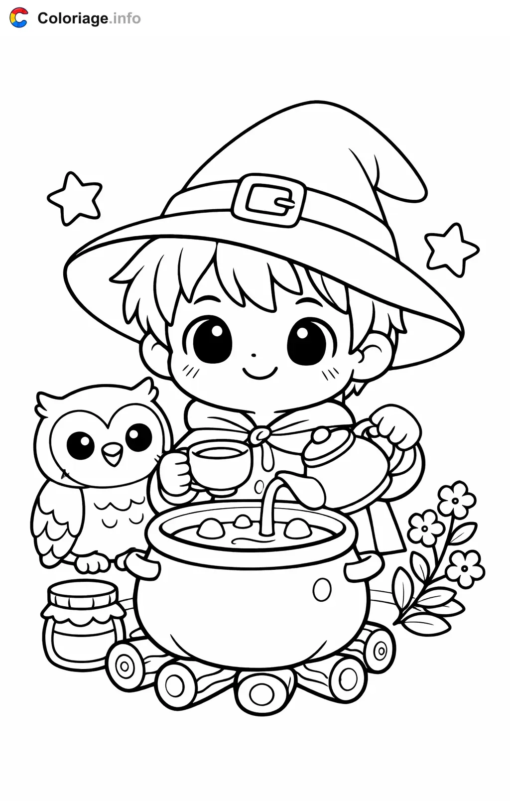 Coloriage Sorcière qui prend le thé avec son hibou - Sorcière à imprimer
