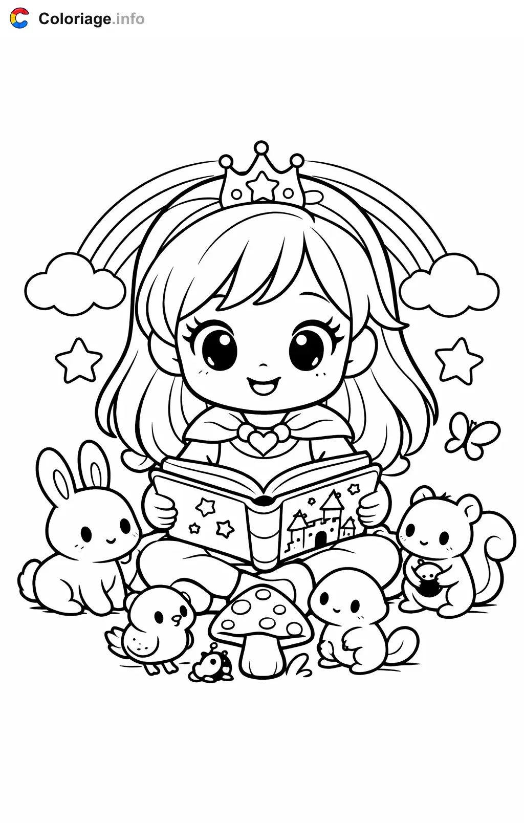 Coloriage Talia et le royaume arc-en-ciel qui lit aux petits animaux - Talia et le royaume arc-en-ciel à imprimer