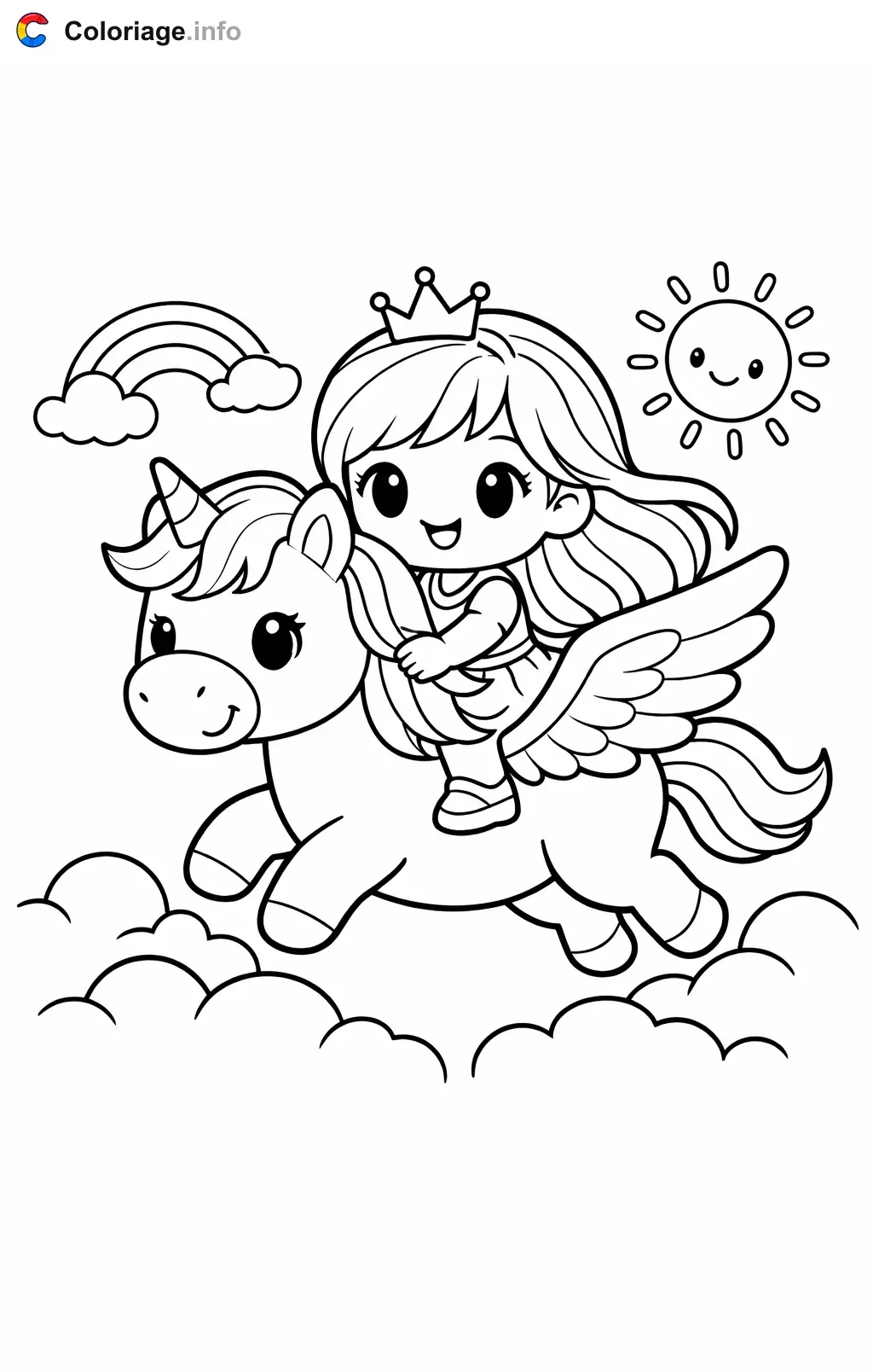 Coloriage Talia et le royaume arc-en-ciel qui monte une licorne ailée - Talia et le royaume arc-en-ciel à imprimer