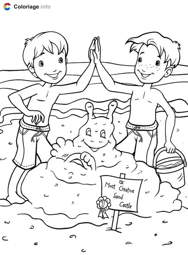 Coloriage Deux garçons construisent un drôle de château de sable à imprimer
