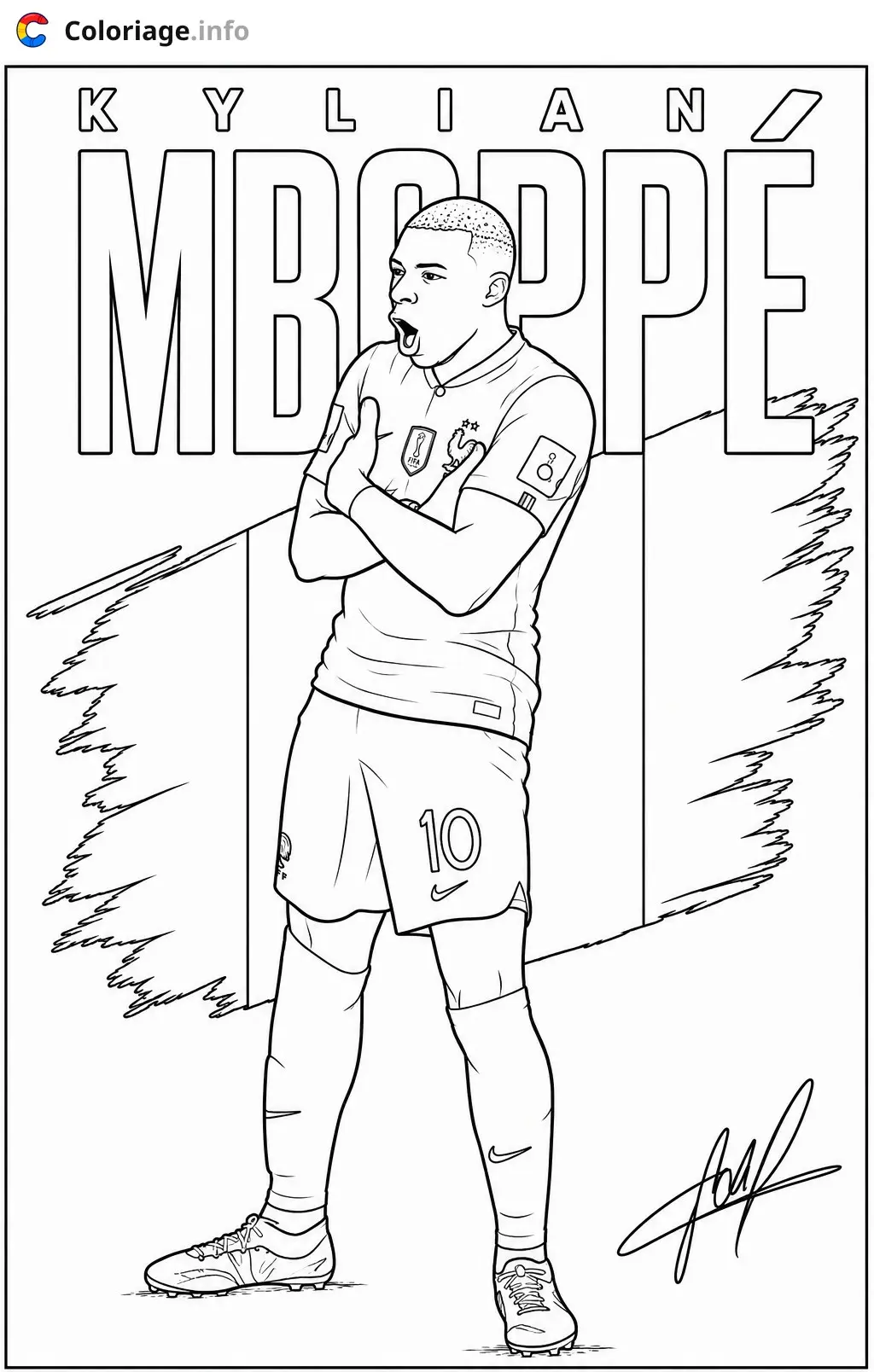 Coloriage Kylian Mbappé célébrant son but avec l'équipe de France - Mbappé à imprimer