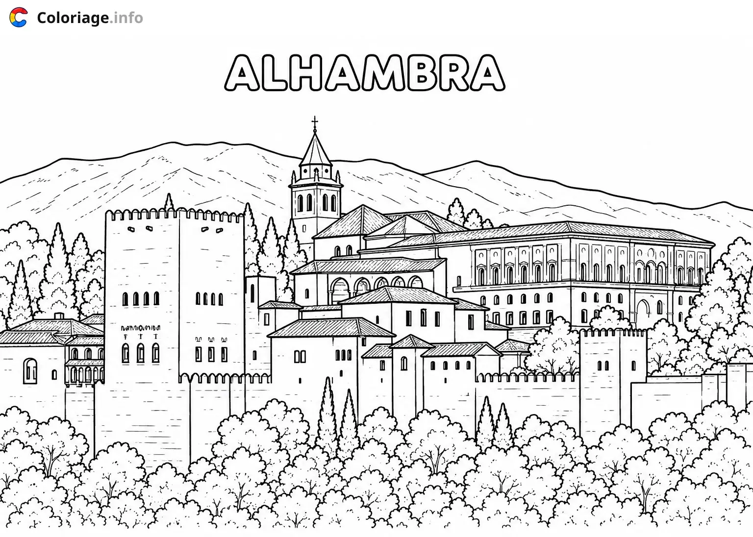 Coloriage L'Alhambra de Grenade Espagne - Monuments à imprimer