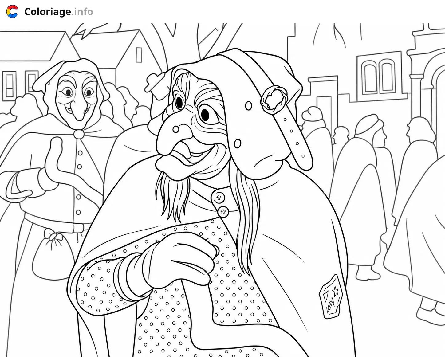 Coloriage La Befana Cruella et ses dalmatiens cruels - La Befana à imprimer